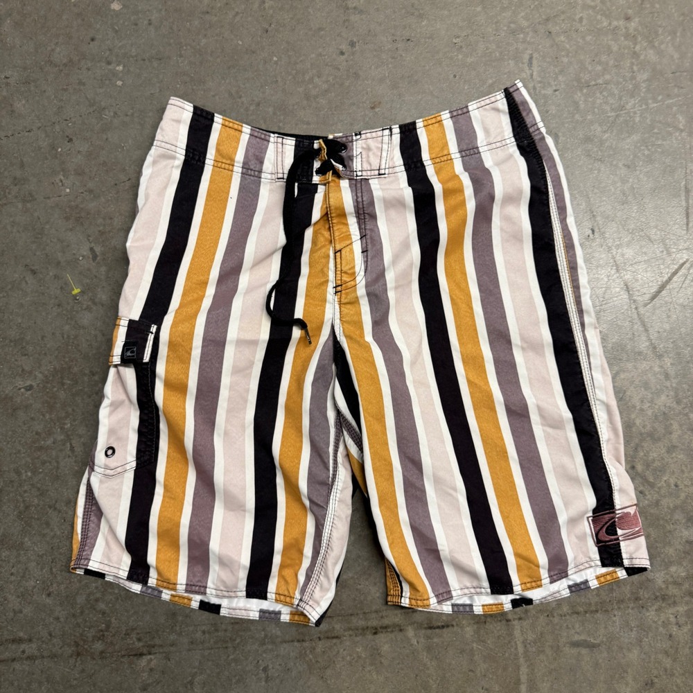 O'Neill Mens Striped Board Shorts Mustard Yellow Grey Black Size 31 Surf Trunks